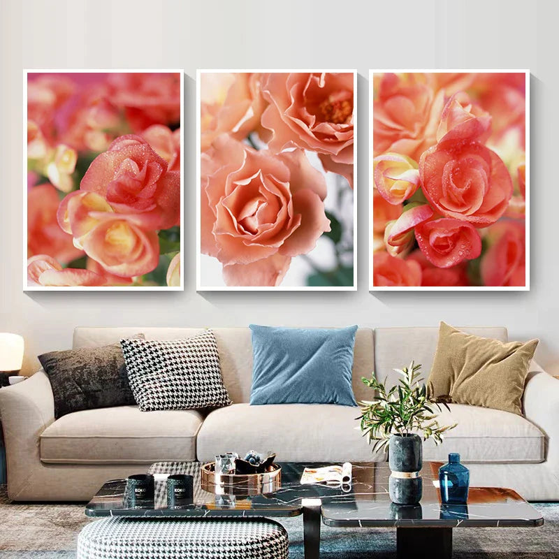 Pink Red Roses Floral Wall Art Fine Art Canvas Prints Modern Botanical Posters Pictures For Living Room, Bedroom Art Decor | Bowlift