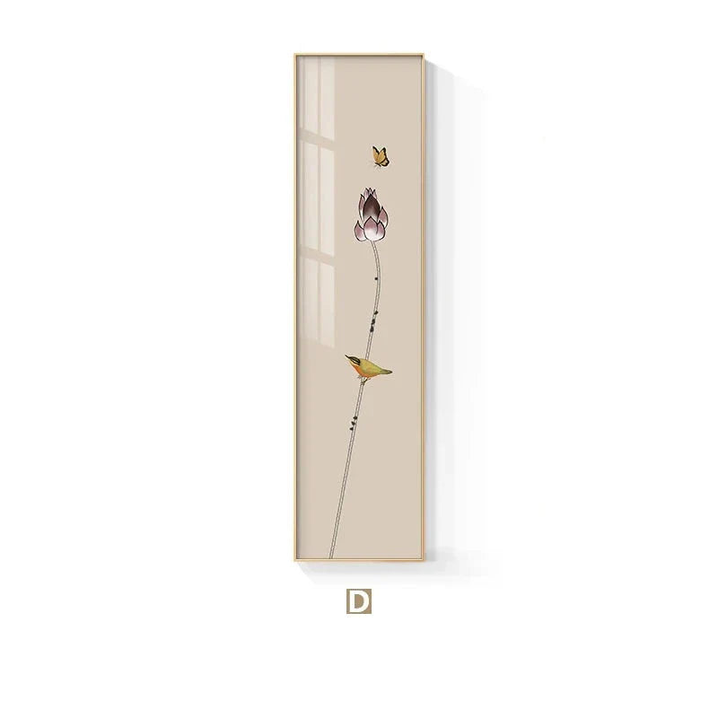 Minimalist Floral Birds & Butterfly Wall Art Fine Art Canvas Prints Tall Vertical Format Pictures For Foyer Lobby Reception Room Art Decor | Bowlift