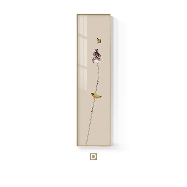 Minimalist Floral Birds & Butterfly Wall Art Fine Art Canvas Prints Tall Vertical Format Pictures For Foyer Lobby Reception Room Art Decor | Bowlift