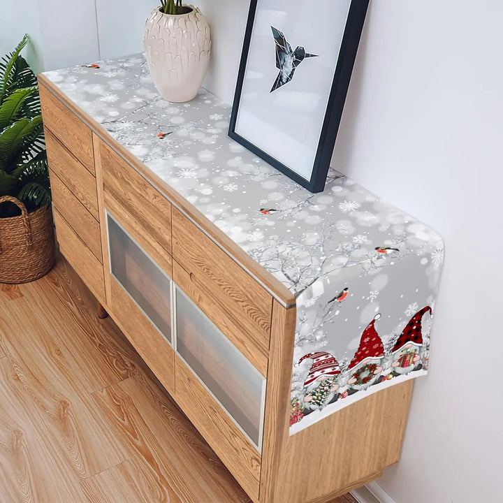 BowLift | SnowGnome Christmas Table Runner – Luxe Linen Table Runner with Snowflake and Gnome Design