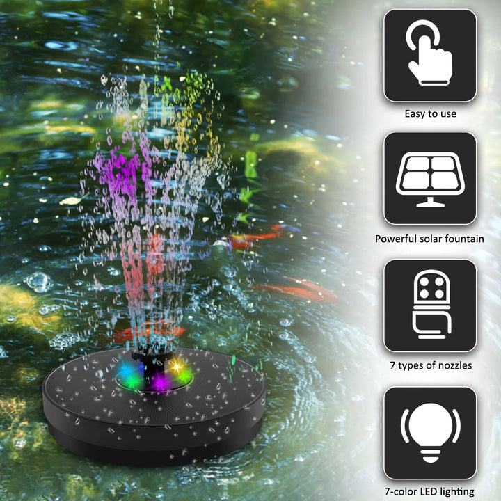BowLift | AquaLume Solar Spring | 3W Solar Fountain with LED Color Play | Up to 60 cm Fountain Height | 7 Nozzle Attachments