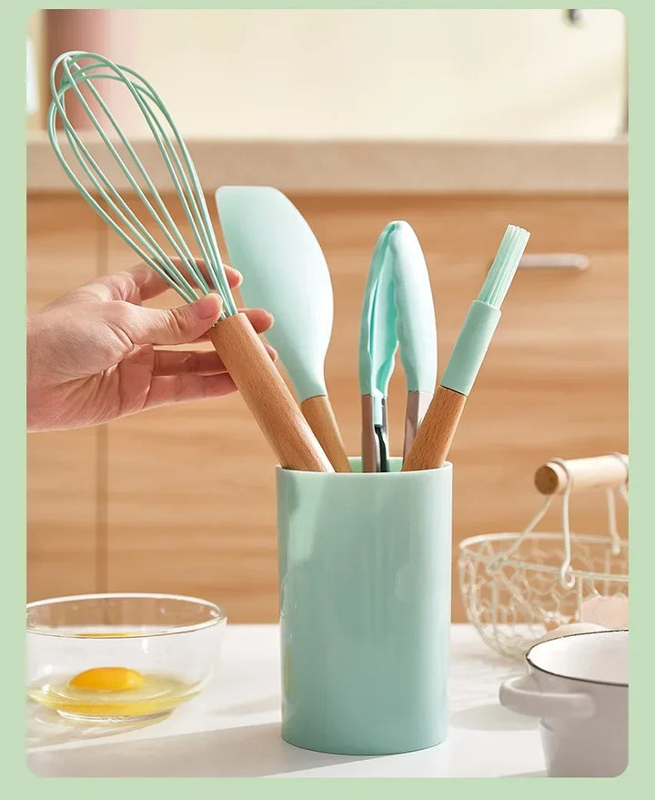 ChefEase – 12-piece Silicone Cooking Utensils Set with Wooden Handles | Bowlift