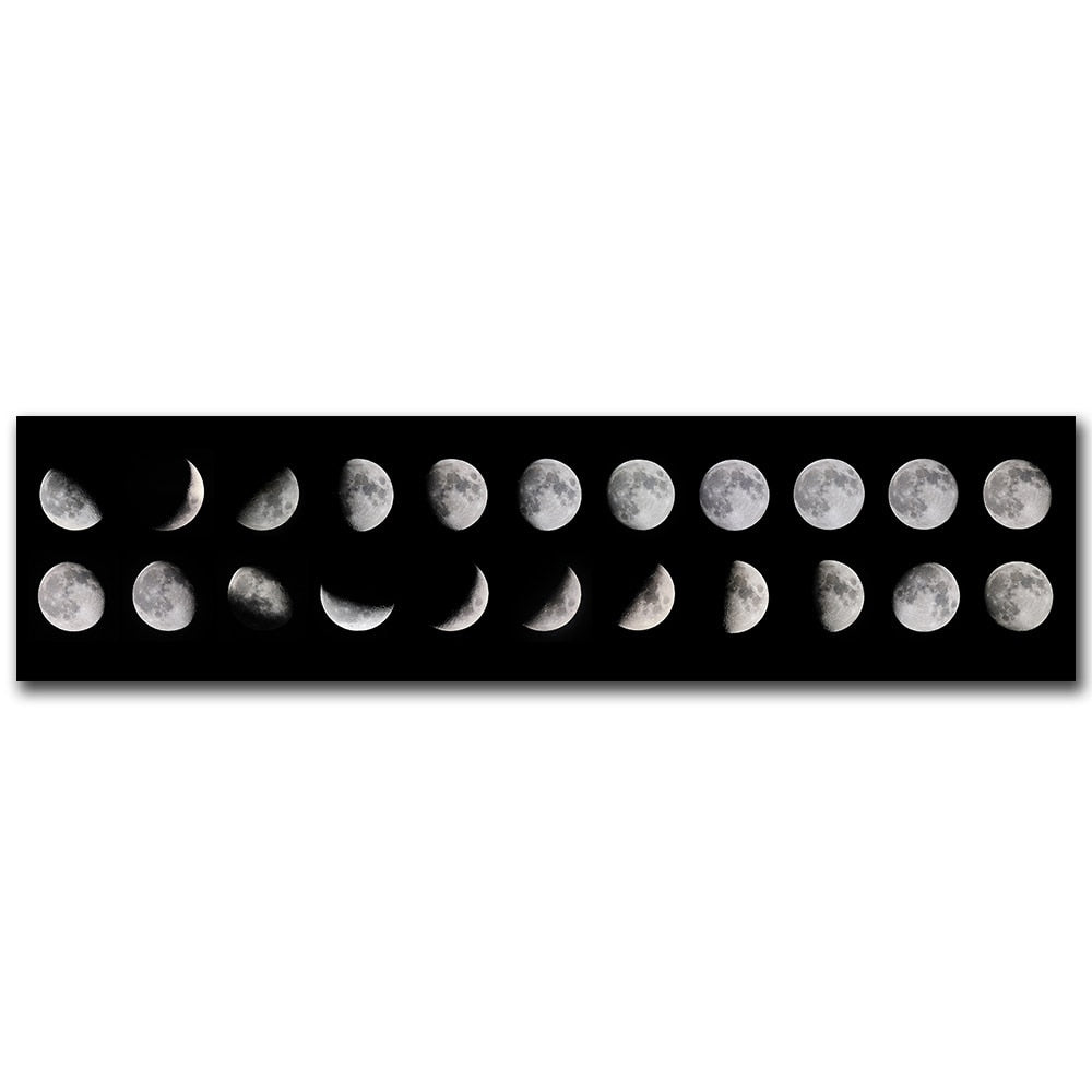 Moon Phases Wide Format Black White Wall Art Canvas Prints Pictures For Bedroom Above The Bed Living Room Decor | Bowlift