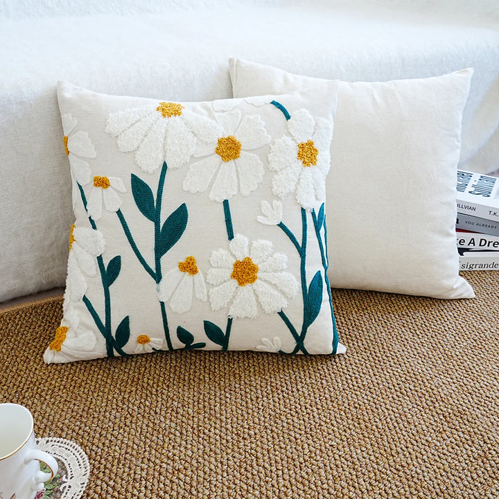 BowLift | Cushion with Embroidered Daisies for Sofa and Living Room Without Filling