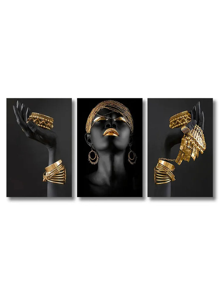 Set of 3Pcs Black Golden Woman Portrait Wall Art Fine Art Canvas Prints Pictures For Luxury Living Room Dining Room Home Office Decor | Bowlift