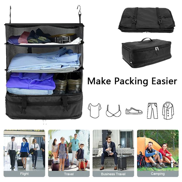 BowLift | Packelier Suitcase Organizer | Hanging Shelf for Travel | 3 Compartments | Foldable & Water-Resistant | Black