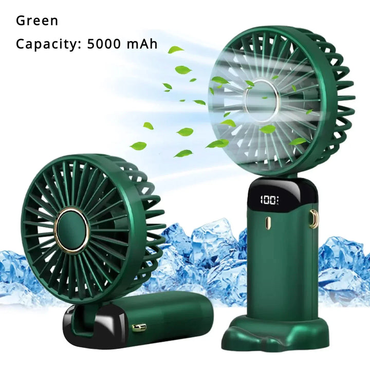 5000mAh Handheld Mini Fan – Wireless USB Rechargeable Portable Fan with Digital Display, Phone Holder, 5-Speed Foldable Neck Hanging Fan | Bowlift