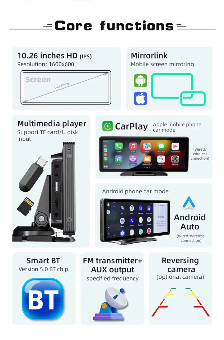 BowLift | Universal 10.26-Inch (26.06cm) Car Multimedia Player with Wireless CarPlay and Android Auto