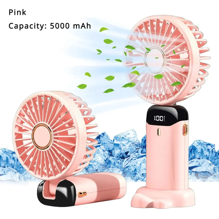 5000mAh Handheld Mini Fan – Wireless USB Rechargeable Portable Fan with Digital Display, Phone Holder, 5-Speed Foldable Neck Hanging Fan | Bowlift