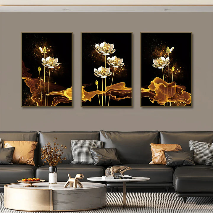 Set of 3PCs White Golden Lotus Exotic Floral Wall Art Fine Art Canvas Prints Exotic Botanic Pictures For Luxury Living Room Dining Room Bedroom Art Decor | Bowlift