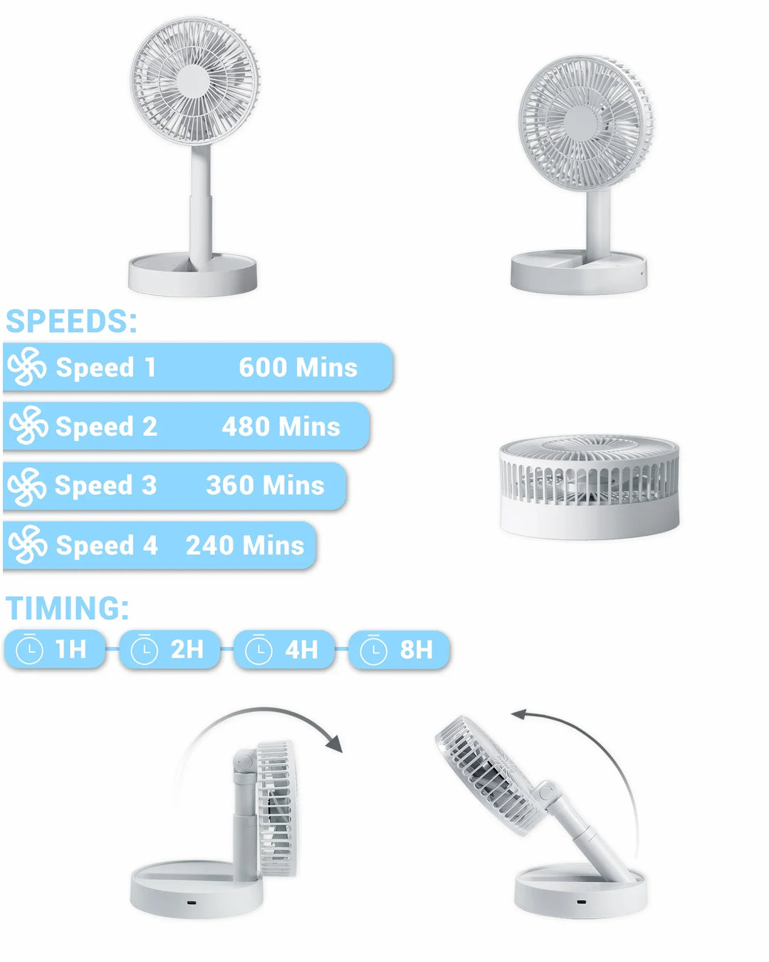 BowLift | USB Table Fan Breezio | Foldable & Portable | 4 Speeds & Timer | Battery Powered for Indoor & Outdoor