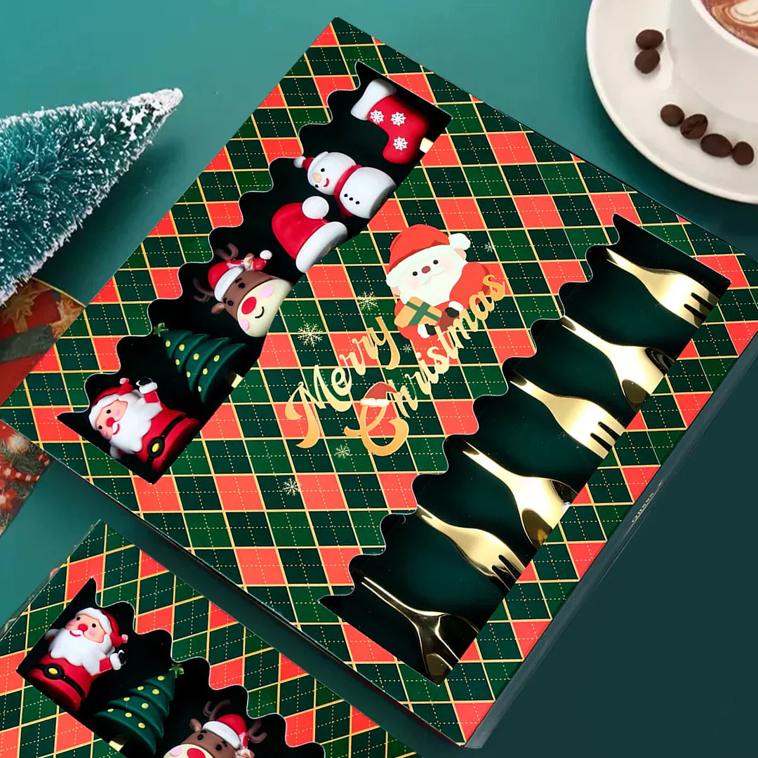 BowLift | GoldParty Christmas Cutlery Set – Luxury Gold Spoon and Fork with Santa Claus Design
