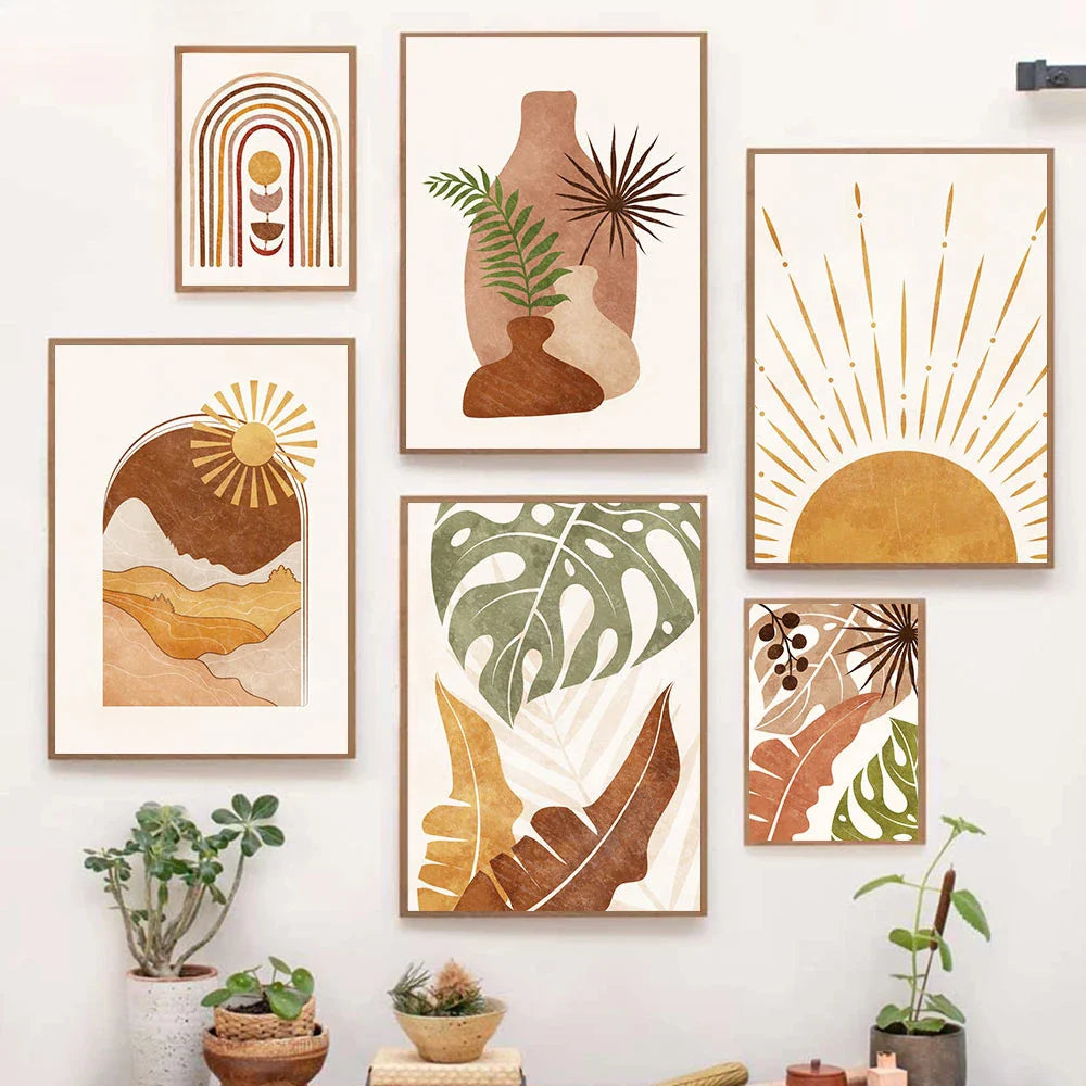 Terracotta Moon Abstract Bohemian Botanical Still Life Wall Art Fine Art Canvas Prints Gallery Wall Pictures For Modern Living Room Dining Room Art Decor | Bowlift