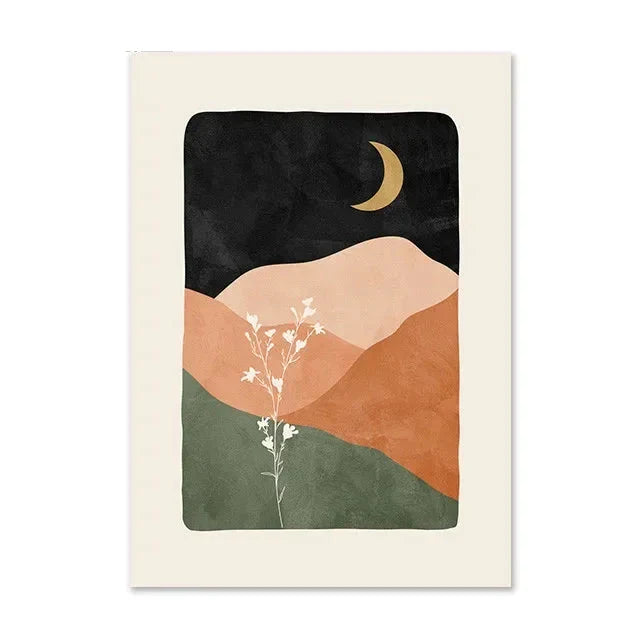 Terracotta Moon Abstract Bohemian Botanical Still Life Wall Art Fine Art Canvas Prints Gallery Wall Pictures For Modern Living Room Dining Room Art Decor | Bowlift