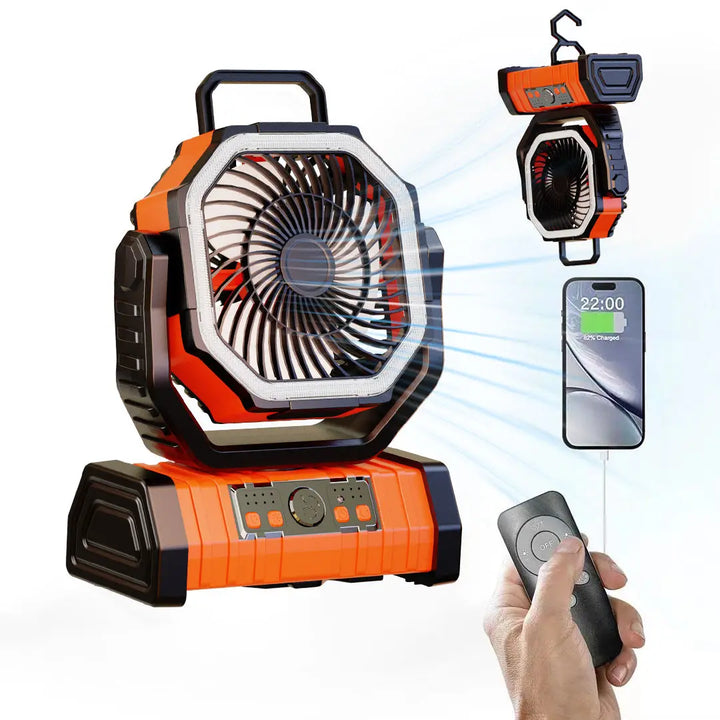 20000mAh Portable Rechargeable Fan — Battery-Operated Desk & Camping Fan with LED Light & Hook for Tent, Car, and Outdoor Trips | Bowlift