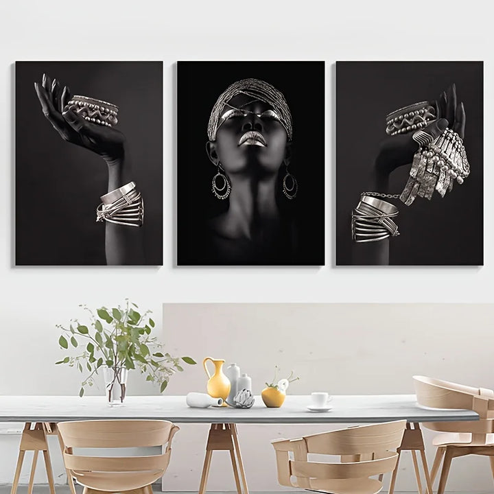 Set of 3Pcs Black Golden Woman Portrait Wall Art Fine Art Canvas Prints Pictures For Luxury Living Room Dining Room Home Office Decor | Bowlift