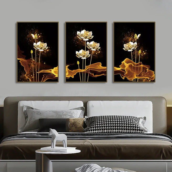 Set of 3PCs White Golden Lotus Exotic Floral Wall Art Fine Art Canvas Prints Exotic Botanic Pictures For Luxury Living Room Dining Room Bedroom Art Decor | Bowlift