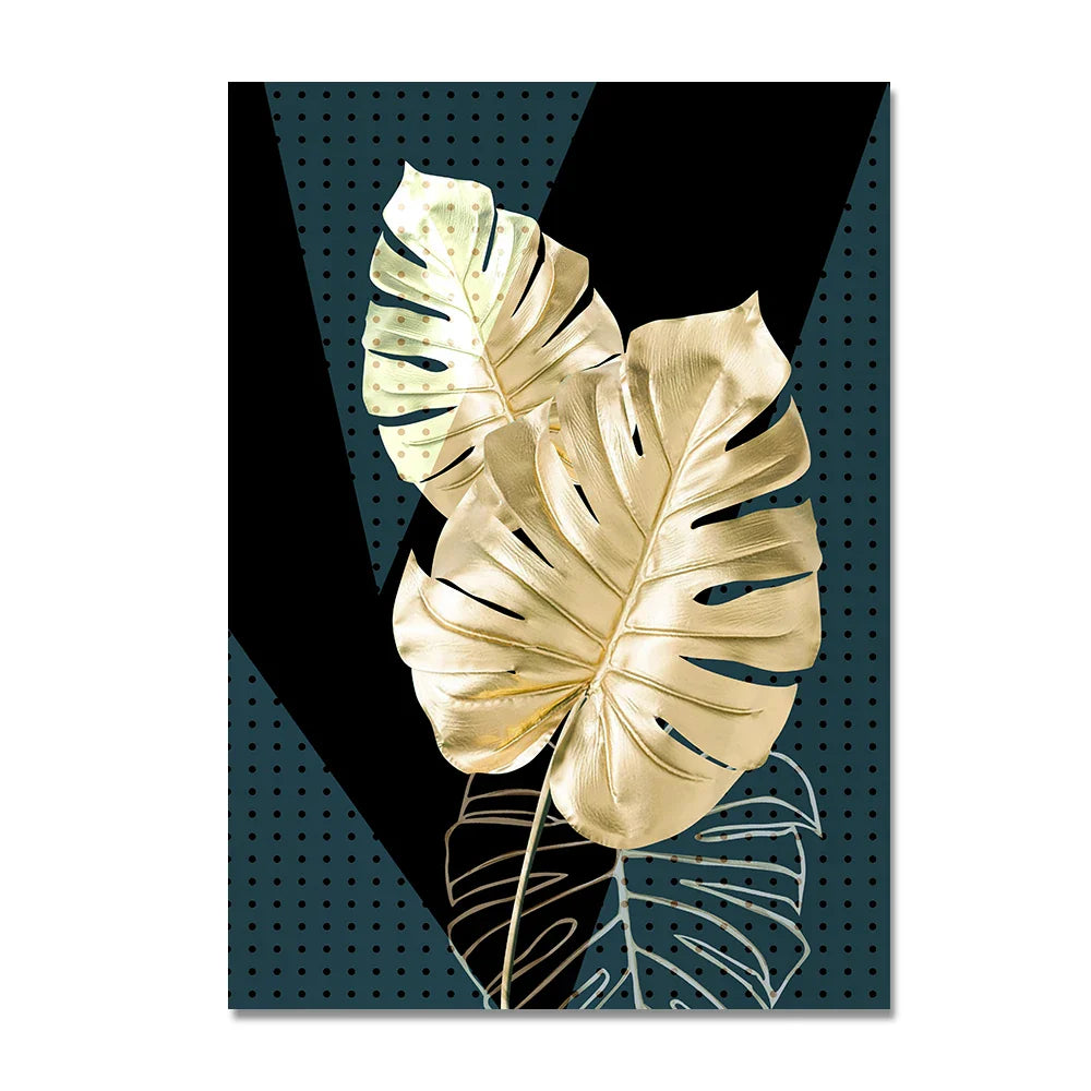 Set of 3Pcs Golden Leaf Wall Art Minimalist Nordic Tropical Plants Fine Art Canvas Prints Pictures For Living Room Dining Room Art Decor | Bowlift