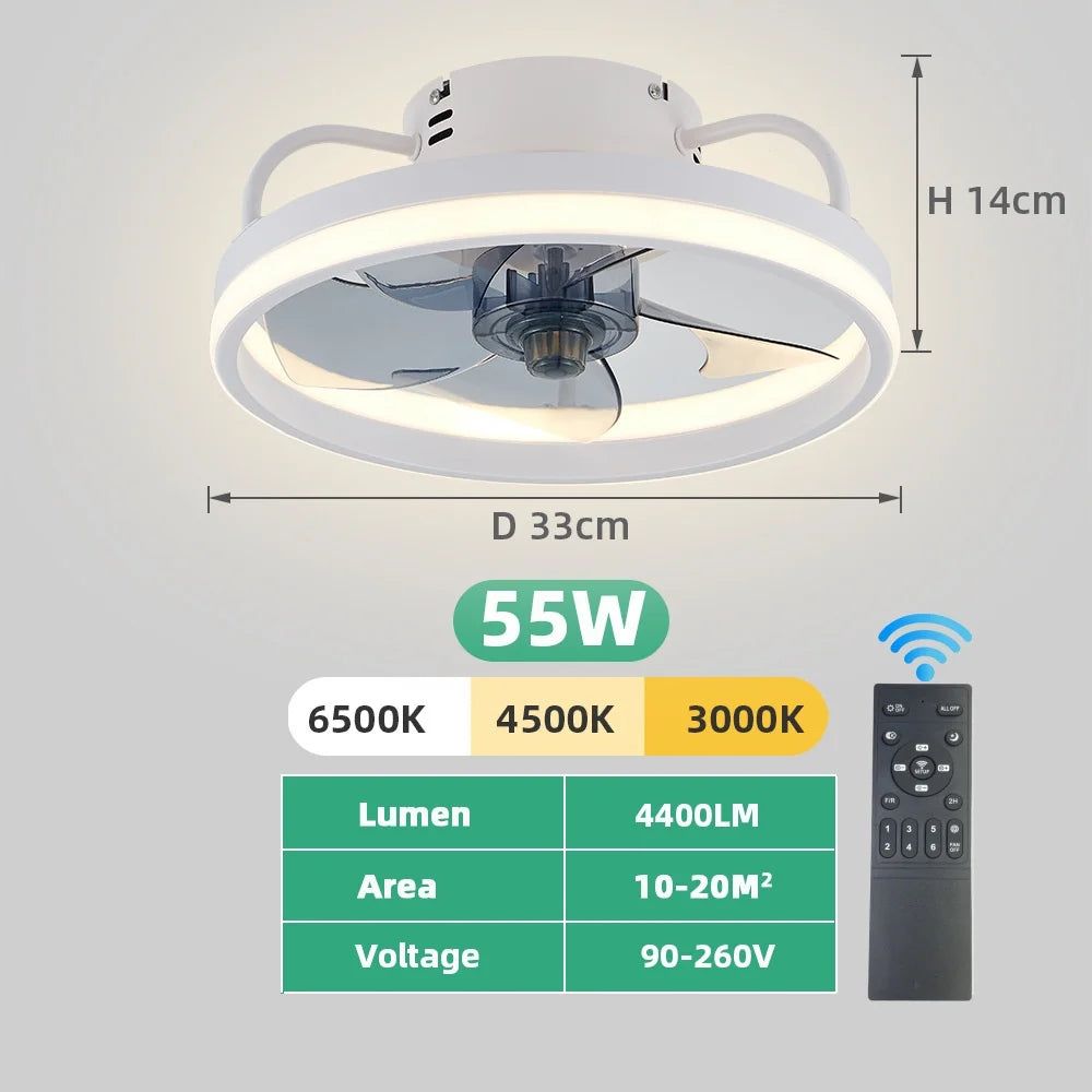 Modern LED Ceiling Fan Light with DC Motor - 6 Speed, Timer, Low Floor Attic Fan, Remote Control Decorative Light | Bowlift