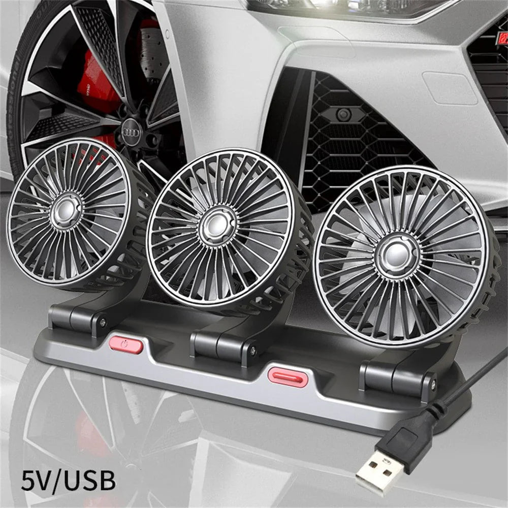 360° Adjustable Car Fan - 3-Head Automotive Electric Fan - USB/12V/24V - 2 Speeds - Silent Cooling for Home, Desk, Office & Car | Bowlift