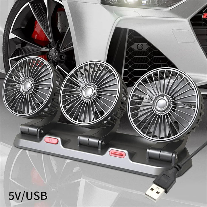 360° Adjustable Car Fan - 3-Head Automotive Electric Fan - USB/12V/24V - 2 Speeds - Silent Cooling for Home, Desk, Office & Car | Bowlift