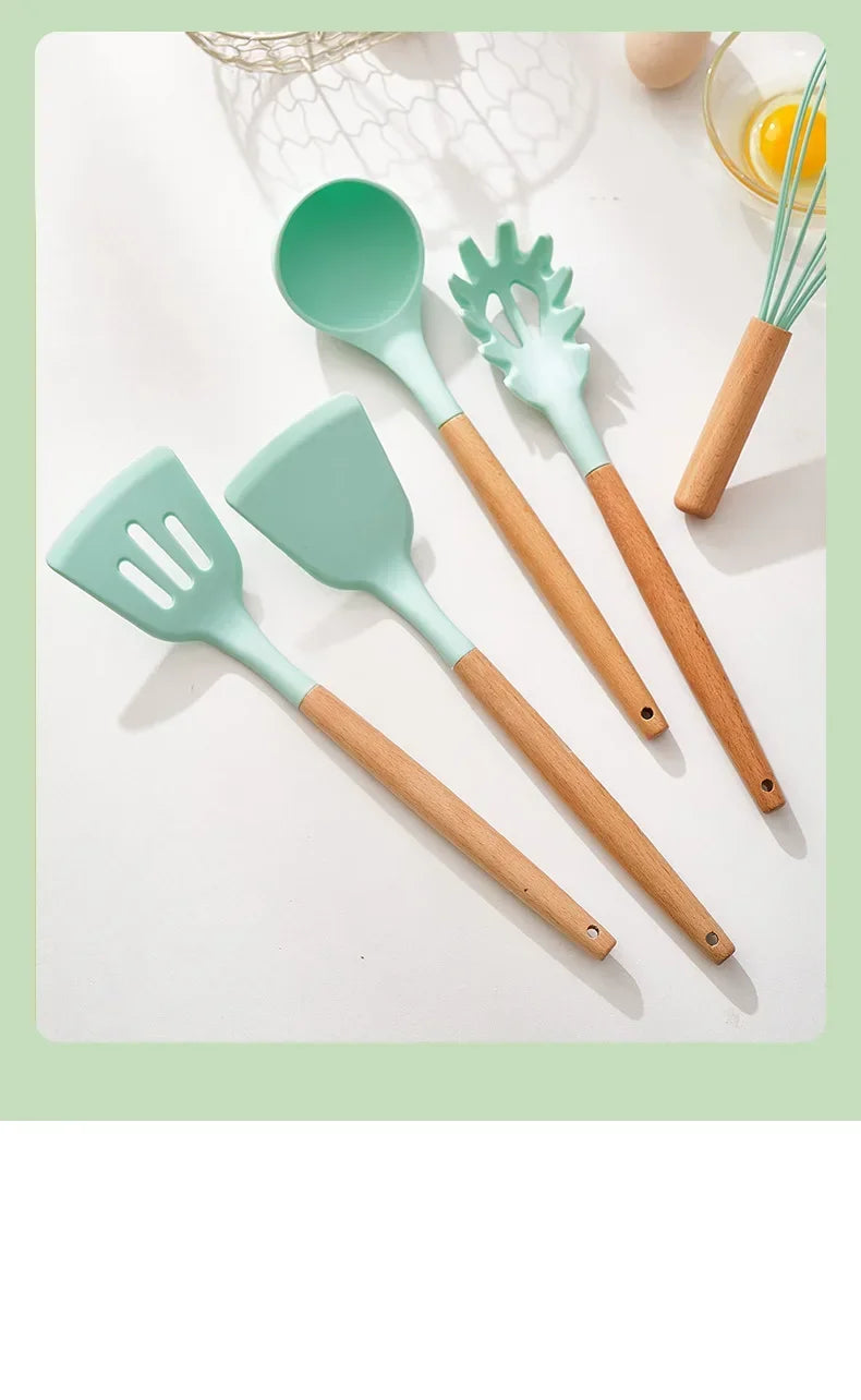 12-piece silicone cooking utensils set with wooden handles | Bowlift