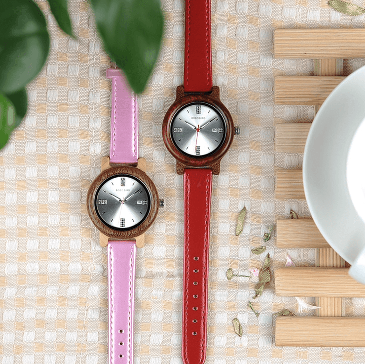 BowLift | Womens Wooden Watch (Pink or Red) With Date Display