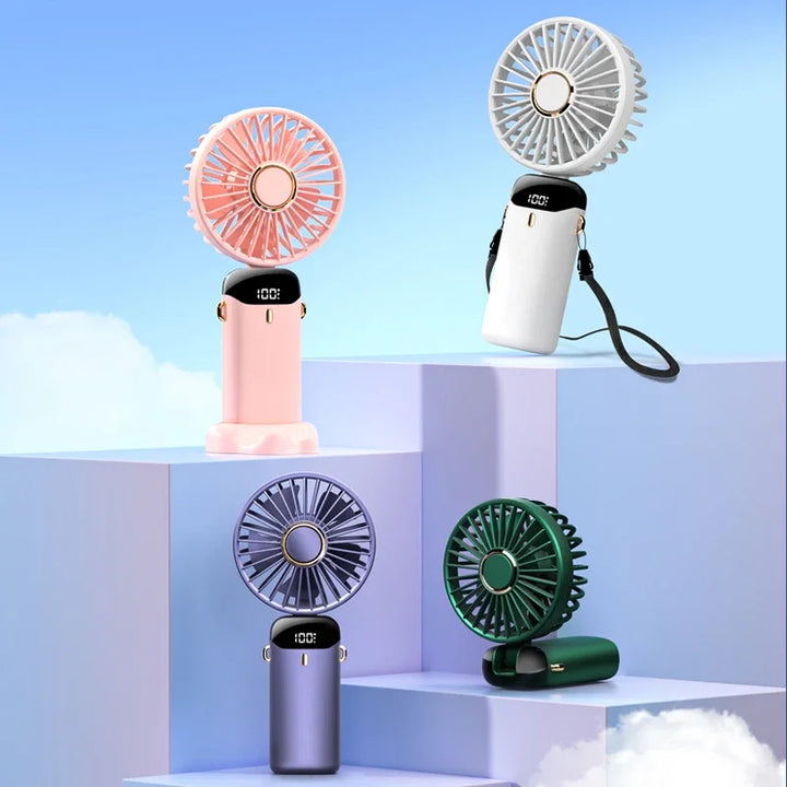 Handheld Mini Fan – 3000mAh Foldable Portable Desk & Neck Hanging Fan with 5 Speeds, USB Rechargeable & Phone Stand Display | Bowlift