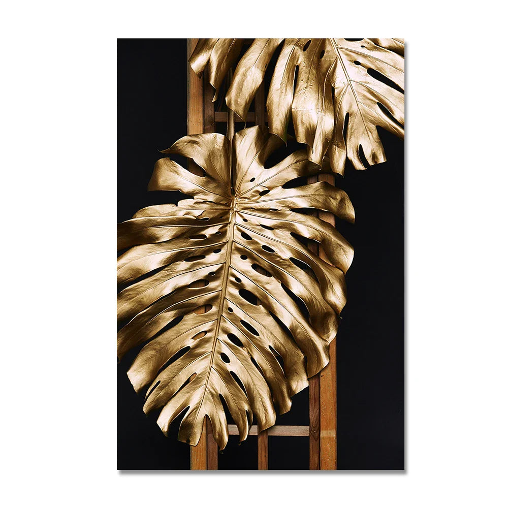 Set of 3Pcs Golden Leaf Wall Art Minimalist Nordic Tropical Plants Fine Art Canvas Prints Pictures For Living Room Dining Room Art Decor | Bowlift