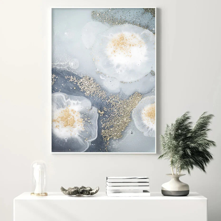 Blue White Golden Abstract Floral Wall Art Fine Art Canvas Prints Poster Picture For Modern Living Room Bedroom Nordic Home Decor | Bowlift