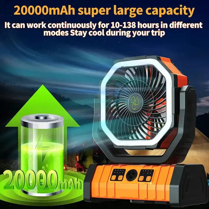 20000mAh Portable Rechargeable Fan — Battery-Operated Desk & Camping Fan with LED Light & Hook for Tent, Car, and Outdoor Trips | Bowlift