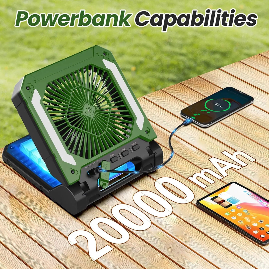 20000mAh Portable Electric Fan with LED Light — USB, Solar & Car Charging for Camping | Bowlift