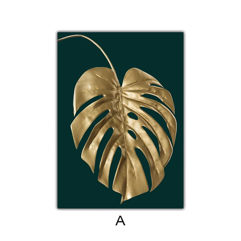 Abstract Tropical Botany Golden Leaves Wall Art Fine Art Canvas Prints Pictures For Living Room Dining Room Light Luxury Home Decor | Bowlift
