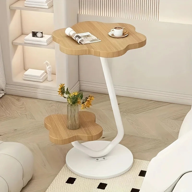 BowLift | Cream-colored Flower-shaped Side Table with Double Storage Layers and Metal Frame