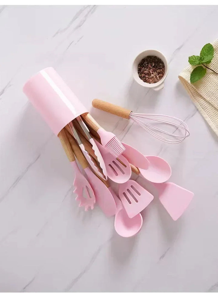 12-piece silicone cooking utensils set with wooden handles | Bowlift