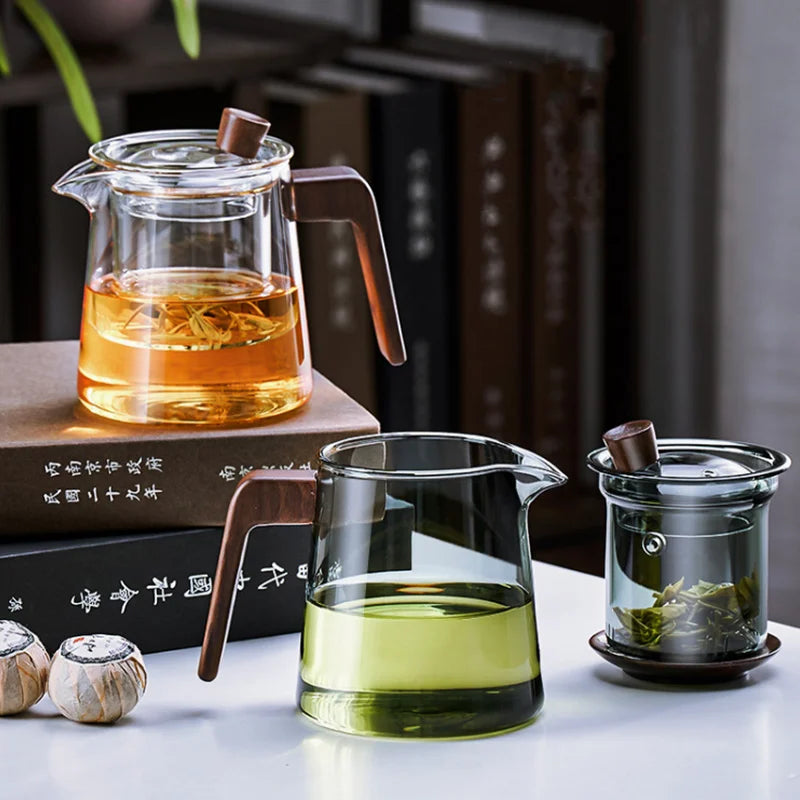 BowLift | GIANXI Retro Glass Teapot Wood Handle Chinese Tea Ceremony Transparent Teawear Set Cup Filter High Boron Silicon Pot  530ML