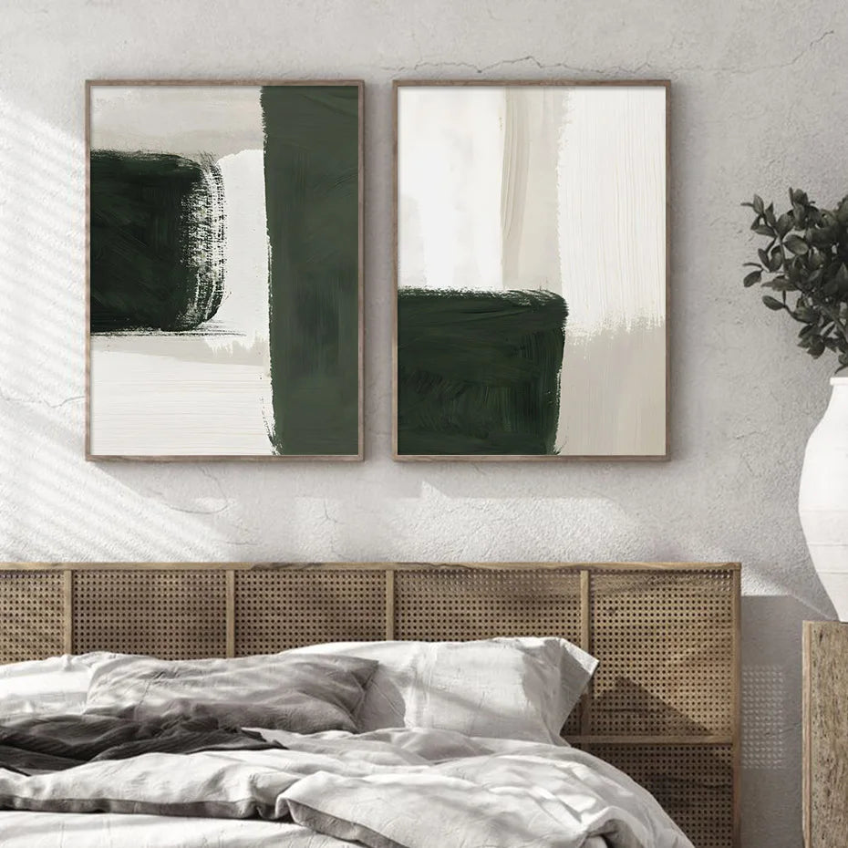 Modern Abstract Green Beige White Brushstroke Canvas Prints Nordic Wall Artwork For Contemporary Living Room Home Decor Artwork | Bowlift