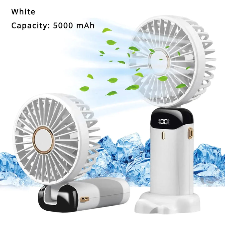 5000mAh Handheld Mini Fan – Wireless USB Rechargeable Portable Fan with Digital Display, Phone Holder, 5-Speed Foldable Neck Hanging Fan | Bowlift