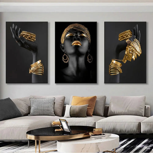 Set of 3Pcs Black Golden Woman Portrait Wall Art Fine Art Canvas Prints Pictures For Luxury Living Room Dining Room Home Office Decor | Bowlift