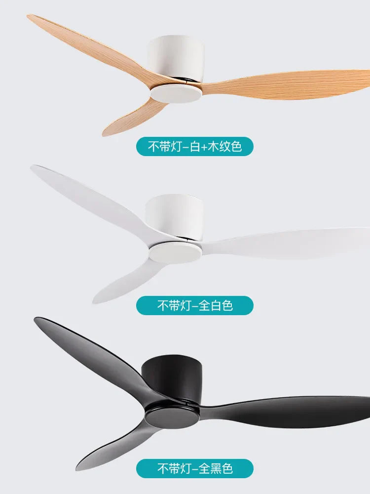 42-52 Inch Ceiling Fans with DC Motor — Remote Control Low Floor Cooling Fans, No Light, White Wood & Black Options | Bowlift