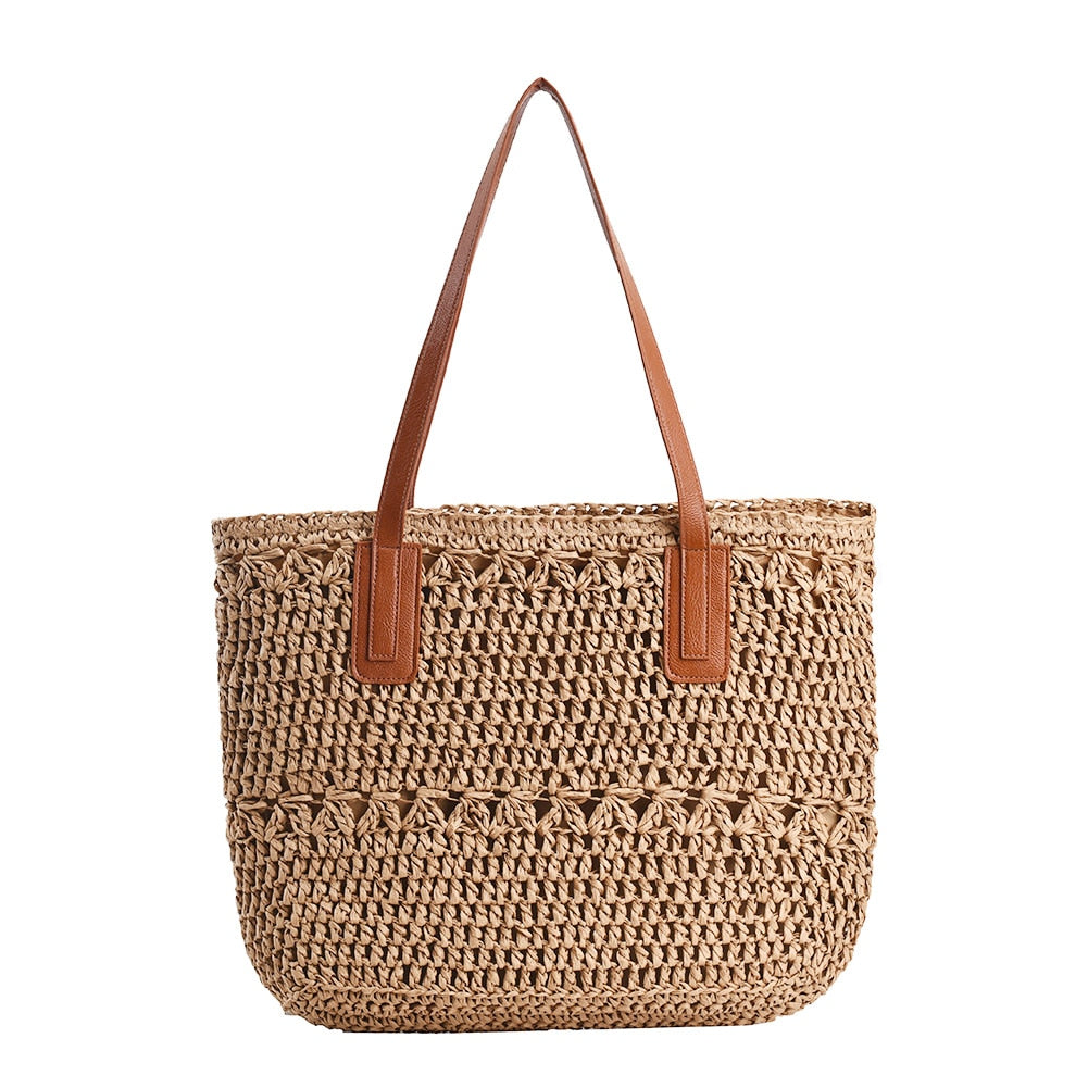 BowLift | Genevieve | Chic Straw Tote Bag with Genuine Leather Straps – Elegant Summer Handbag