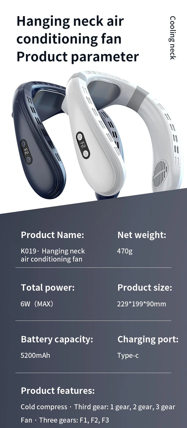 Portable Neck Fan 5200mAh – Rechargeable Wearable Semiconductor Cooling Fan, Personal Outdoor Neck Air Conditioner | Bowlift