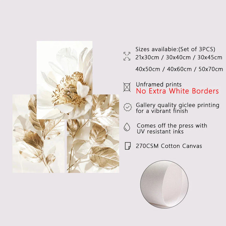 Modern White & Golden Floral Wall Art Fine Art Canvas Prints Pictures For Living Room Dining Room Bedroom Art Decor (Set of 3Pcs) | Bowlift