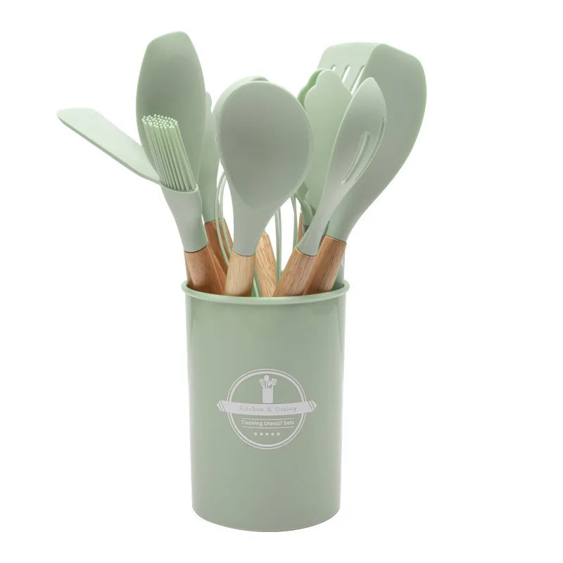 BowLift | Culinora Silicone Kitchen Utensils Set | Heat Resistant up to 230 °C | 12-piece with Wooden Handles | Whisk, Spatula, Tongs & more