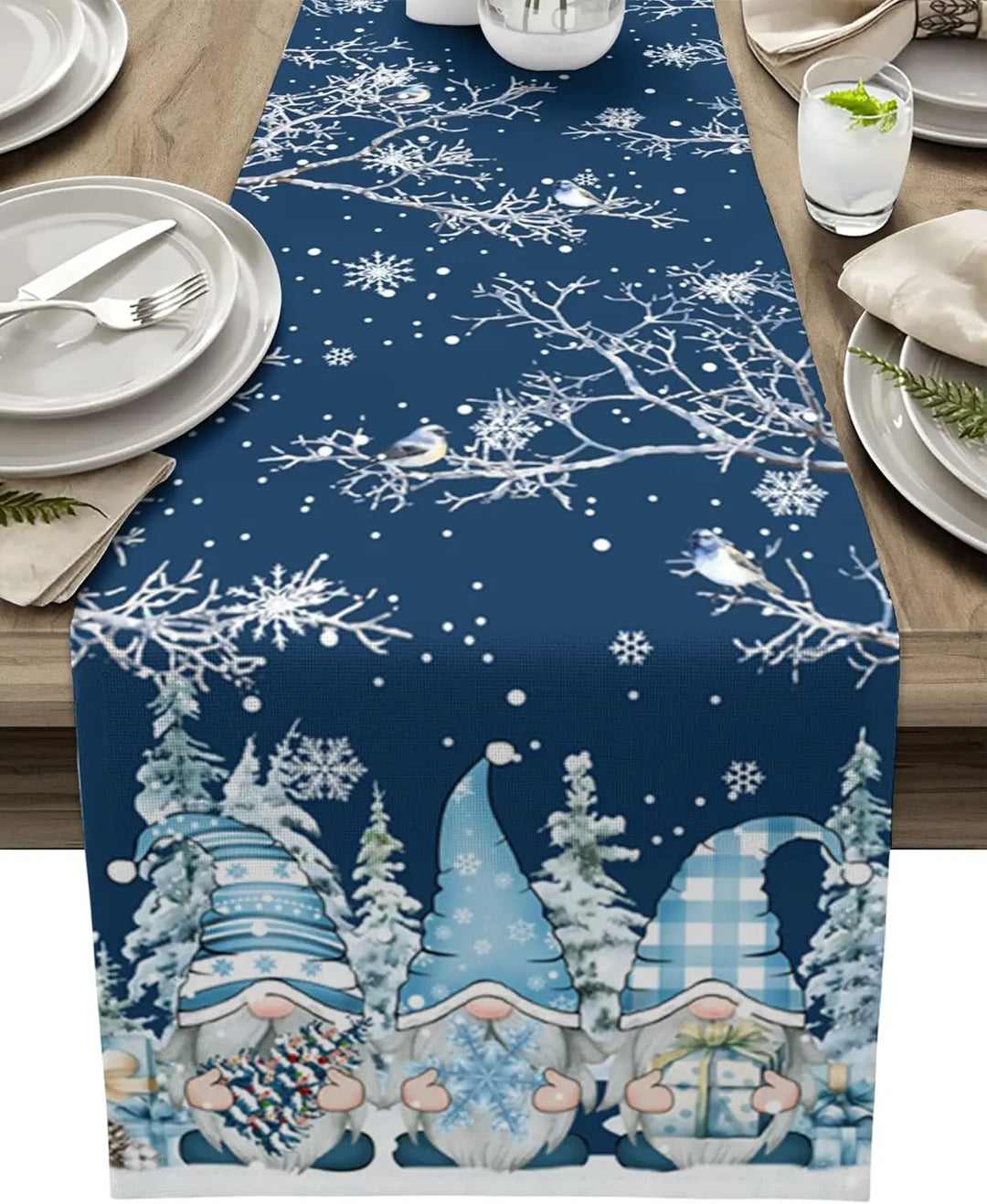 BowLift | SnowGnome Christmas Table Runner – Luxe Linen Table Runner with Snowflake and Gnome Design
