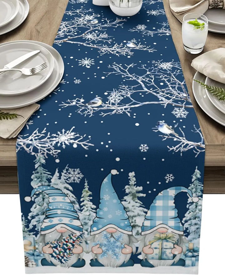 BowLift | SnowGnome Christmas Table Runner – Luxe Linen Table Runner with Snowflake and Gnome Design