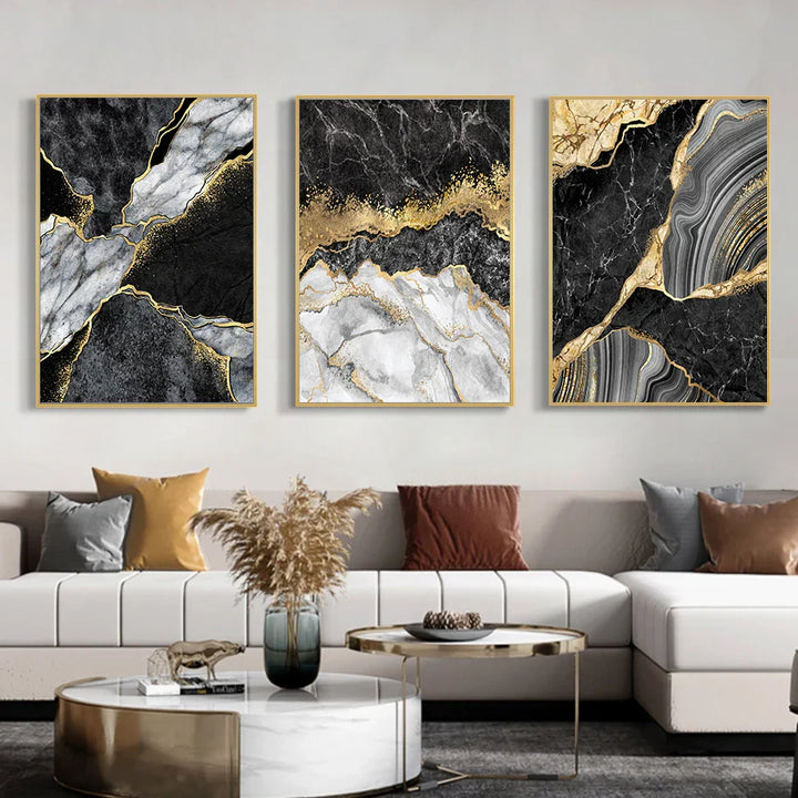 Modern Abstract Black Gray Golden Geode Marble Print Wall Art Fine Art Canvas Prints Pictures For Luxury Apartment Living Room Home Office Decor | Bowlift