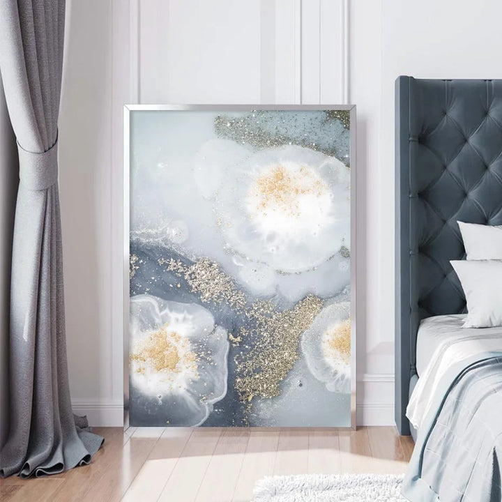 Blue White Golden Abstract Floral Wall Art Fine Art Canvas Prints Poster Picture For Modern Living Room Bedroom Nordic Home Decor | Bowlift