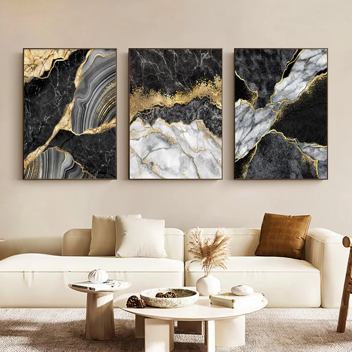 Modern Abstract Black Gray Golden Geode Marble Print Wall Art Fine Art Canvas Prints Pictures For Luxury Apartment Living Room Home Office Decor | Bowlift