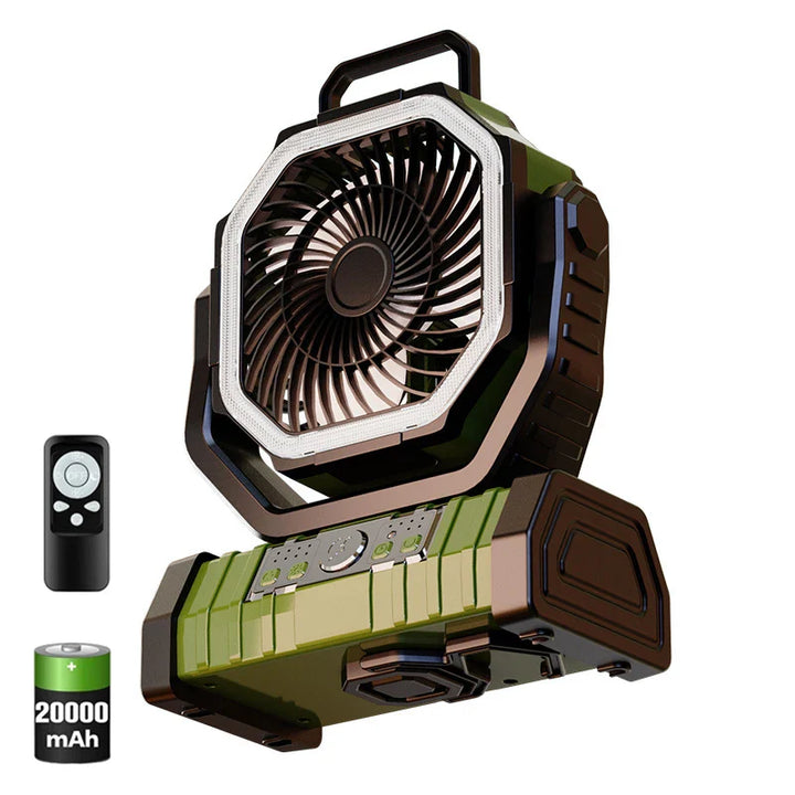 20000mAh Portable Rechargeable Fan — Battery-Operated Desk & Camping Fan with LED Light & Hook for Tent, Car, and Outdoor Trips | Bowlift